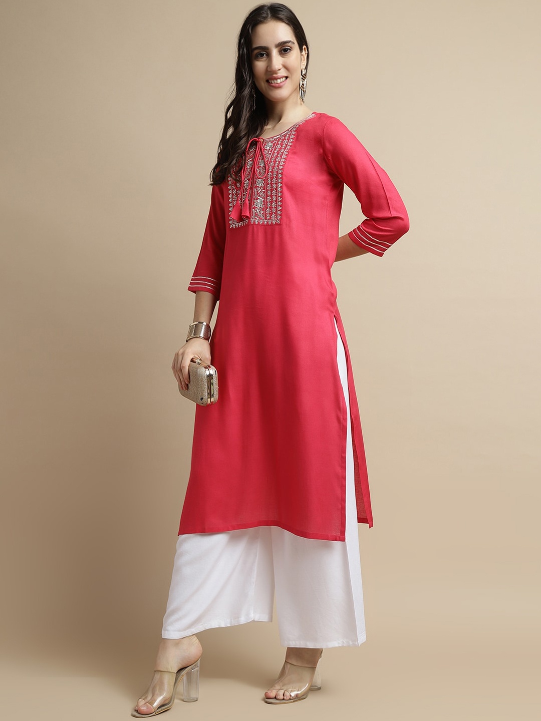 

HERE&NOW Yoke Design Tie-Up Neck Straight Kurta, Pink