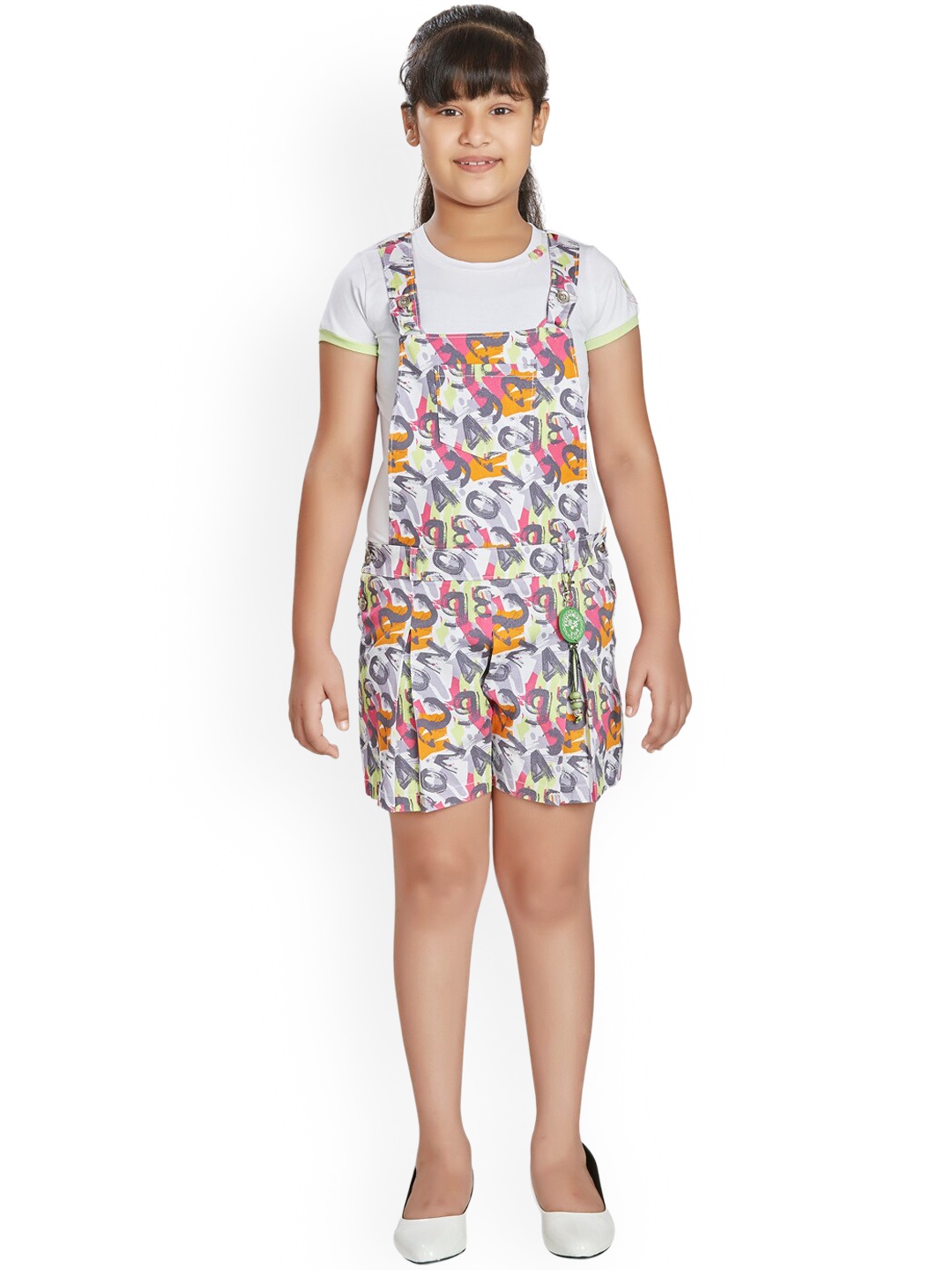 

Peppermint Girls Abstract Printed Pleated Dungaree, White