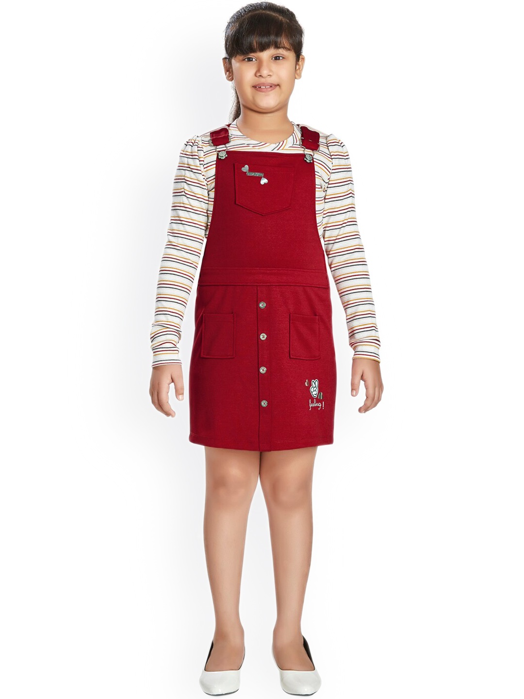 

Peppermint Girls Cotton Dungaree With Striped T-Shirt, Maroon