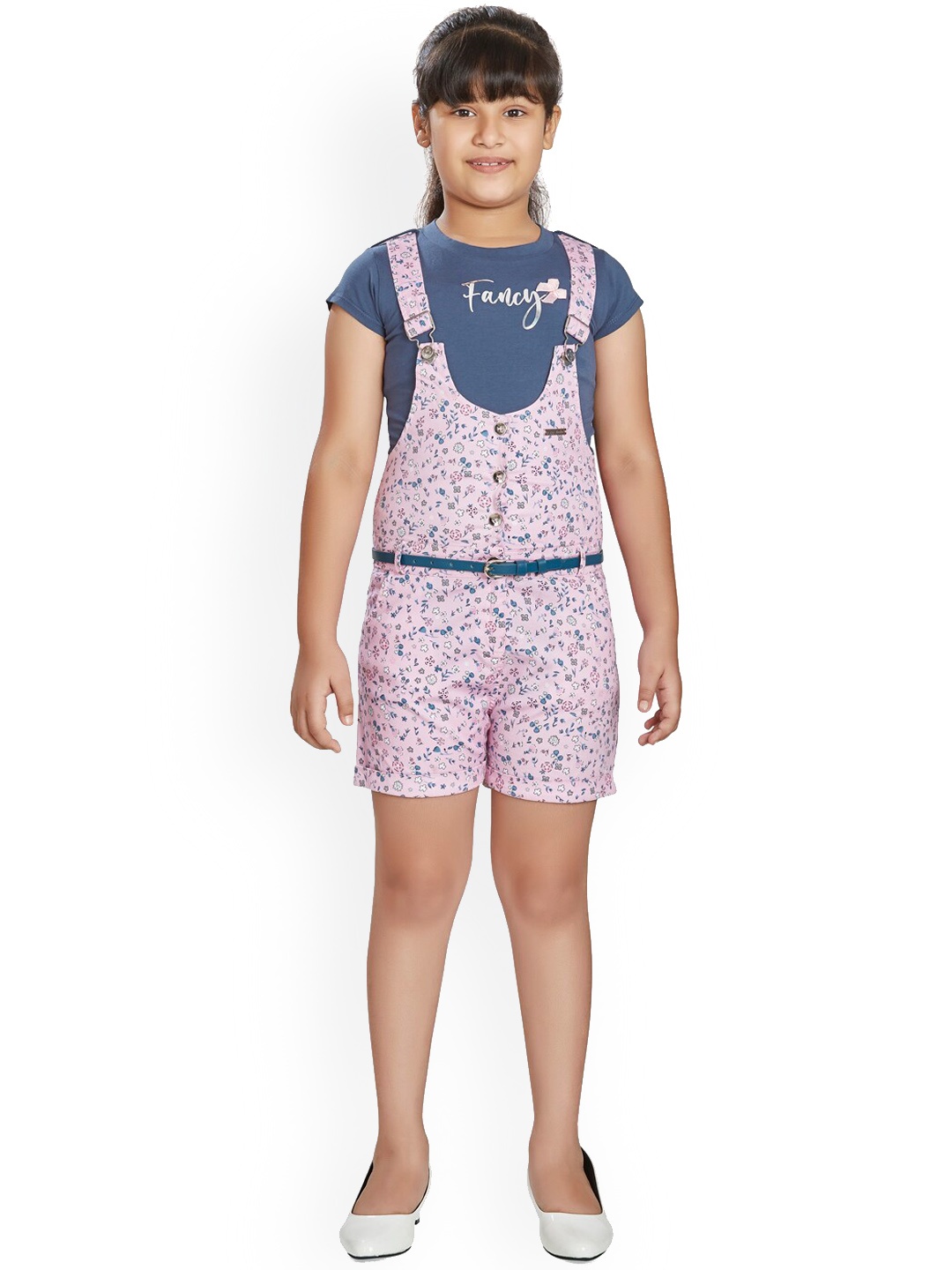 

Peppermint Girls Printed Slim-Fit Dungarees With T-Shirt, Pink