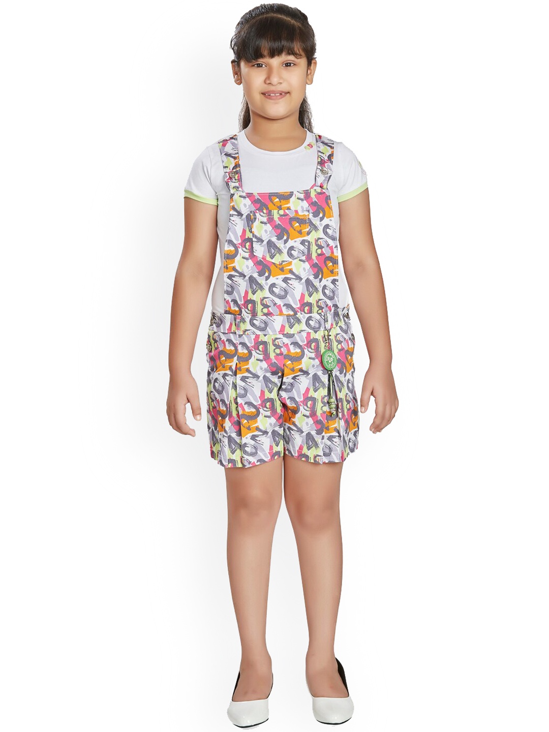 

Peppermint Girls Abstract Printed Flared Pleated Dungarees, White