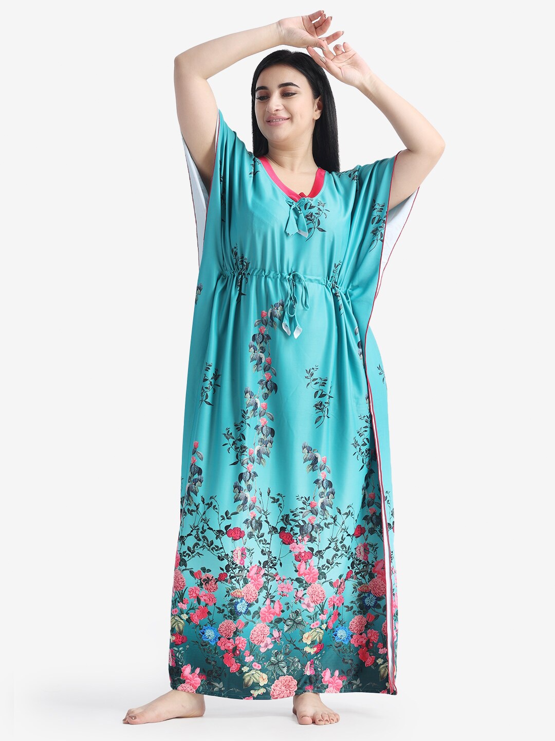 

NIGHT KEYS Floral Printed Maxi Kaftan Nightdress, Turquoise blue