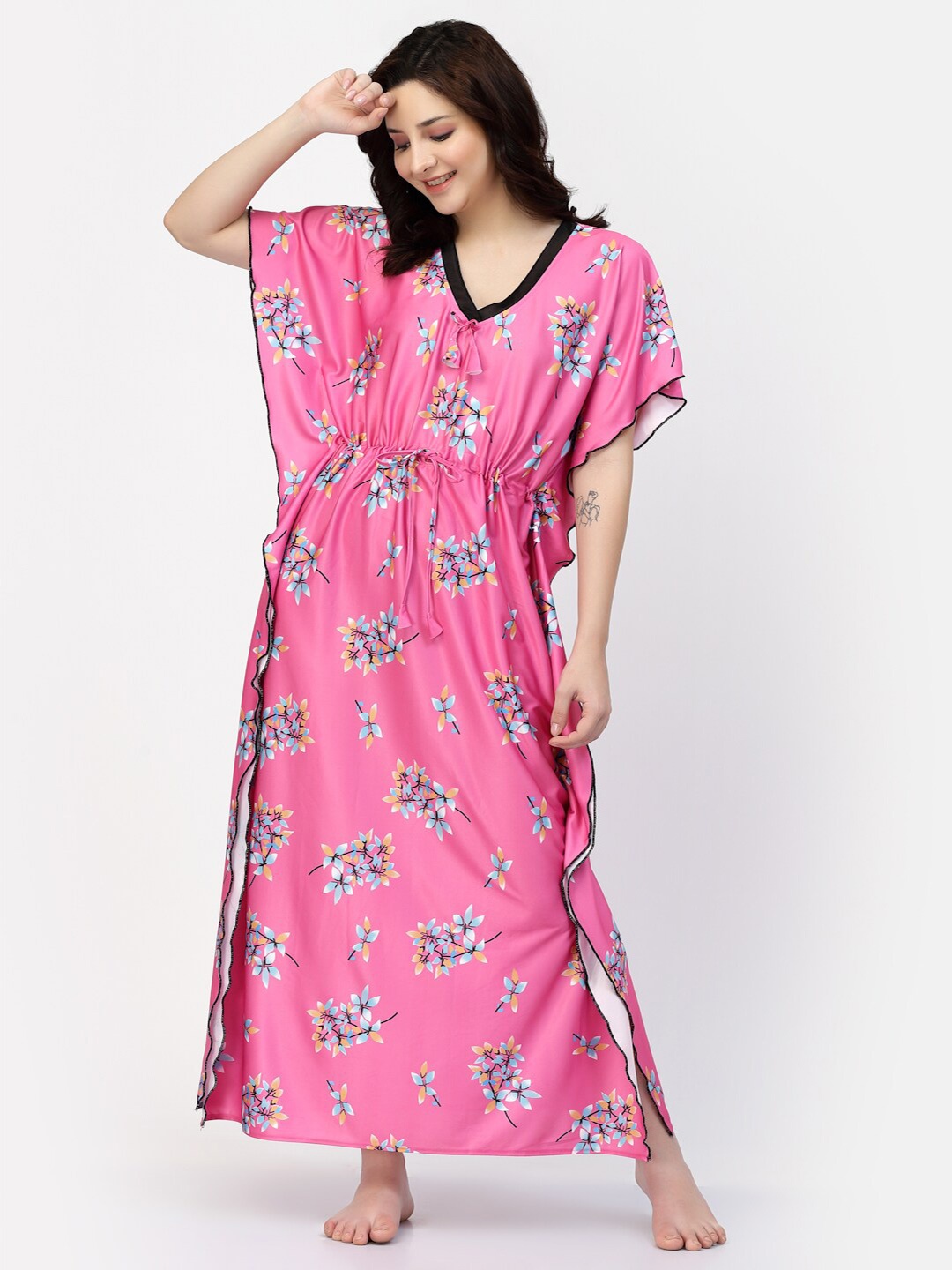 

NIGHT KEYS Floral Printed Maxi Kaftan Nightdress, Pink