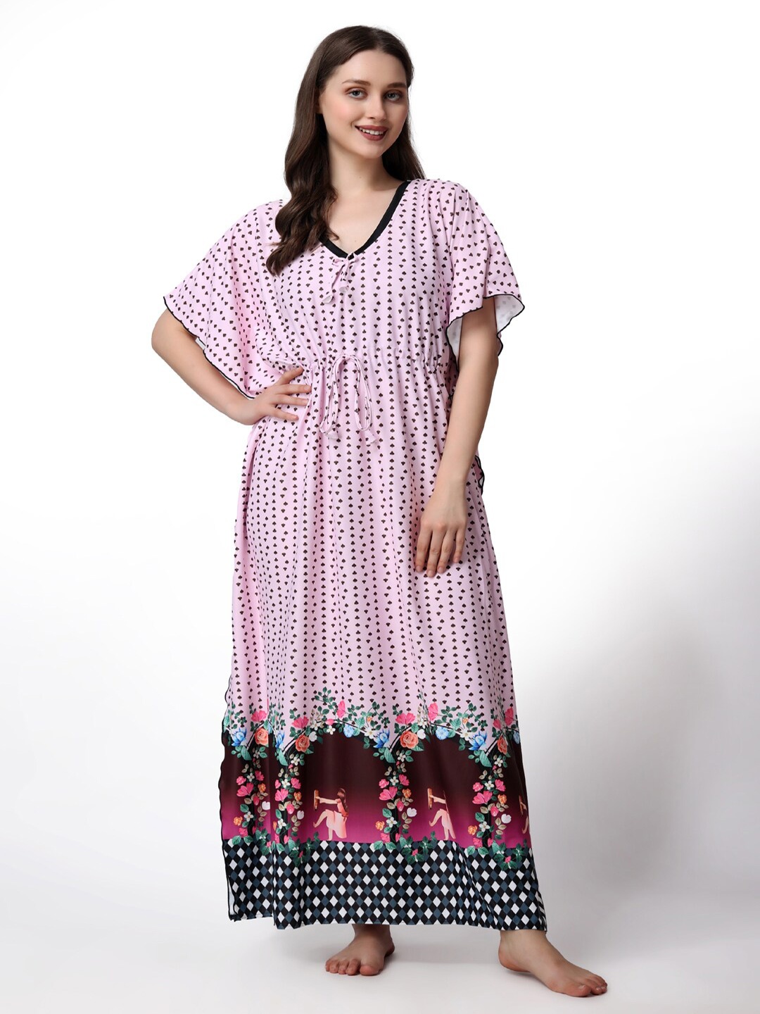 

NIGHT KEYS Floral Printed Maxi Kaftan Nightdress, Pink