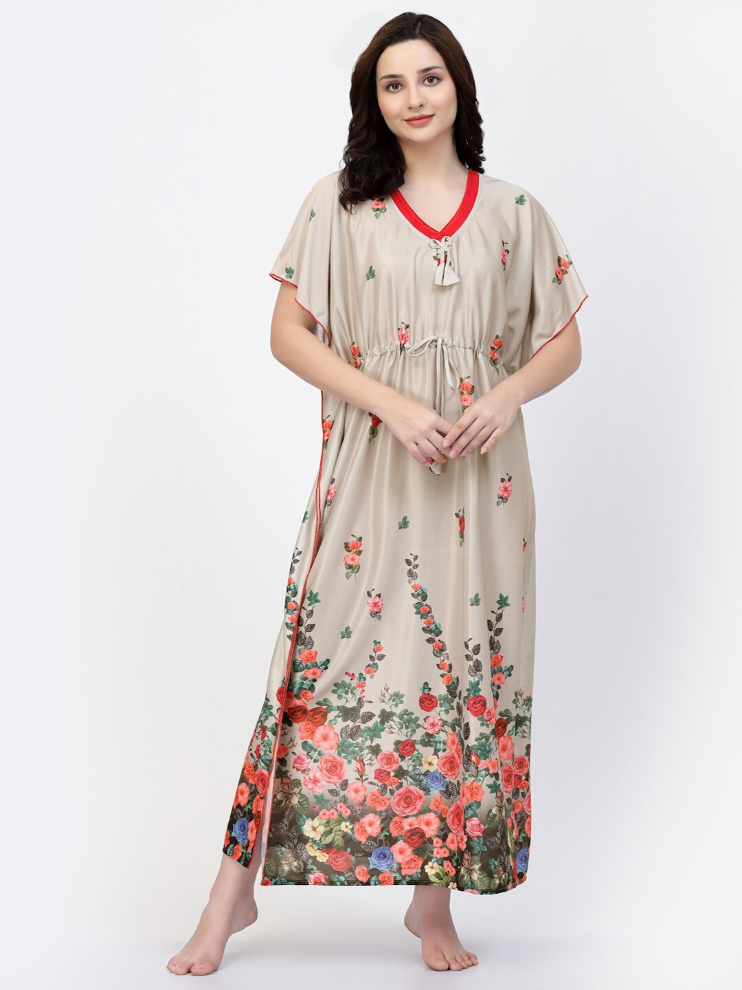 

NIGHT KEYS Floral Printed Maxi Kaftan Nightdress, Beige