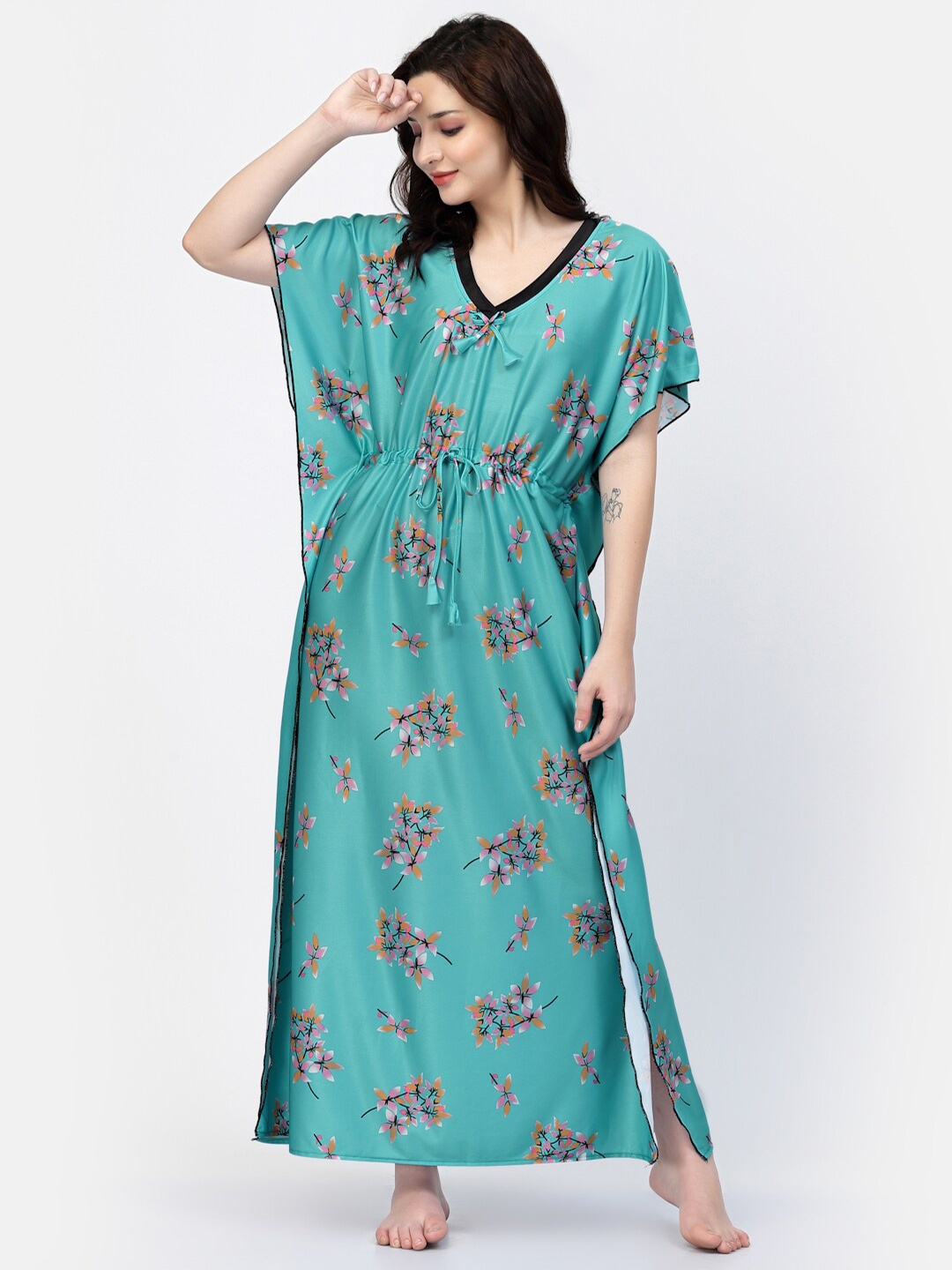 

NIGHT KEYS Floral Printed Maxi Kaftan Nightdress, Turquoise blue