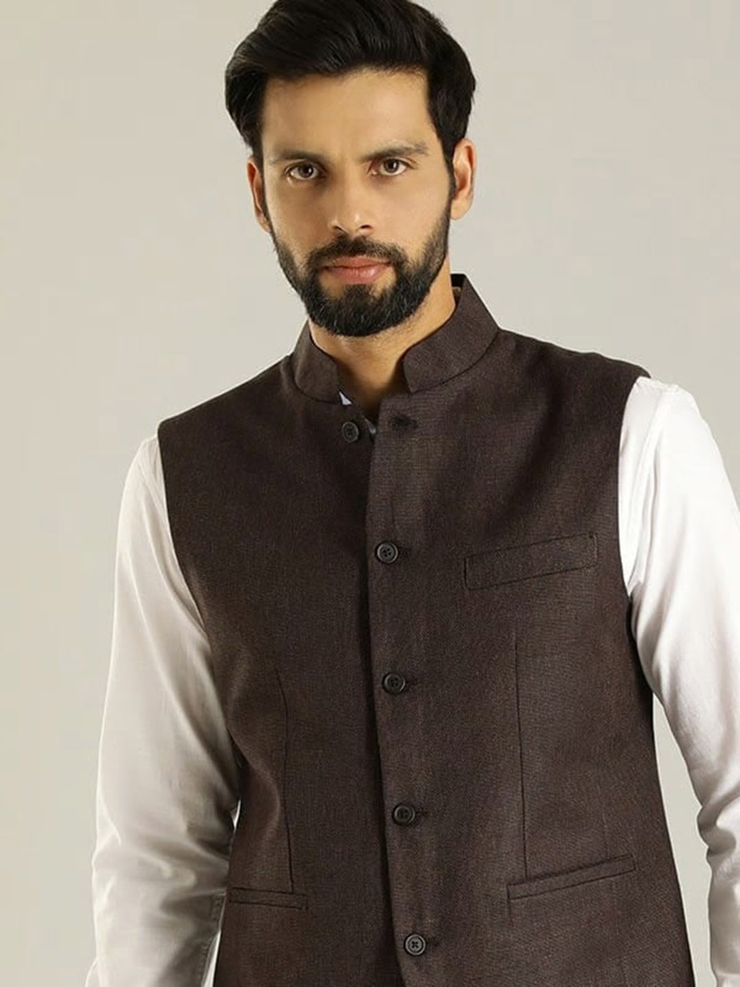 

Indian Terrain Mandarin Collar Cotton Linen Nehru Jacket, Brown