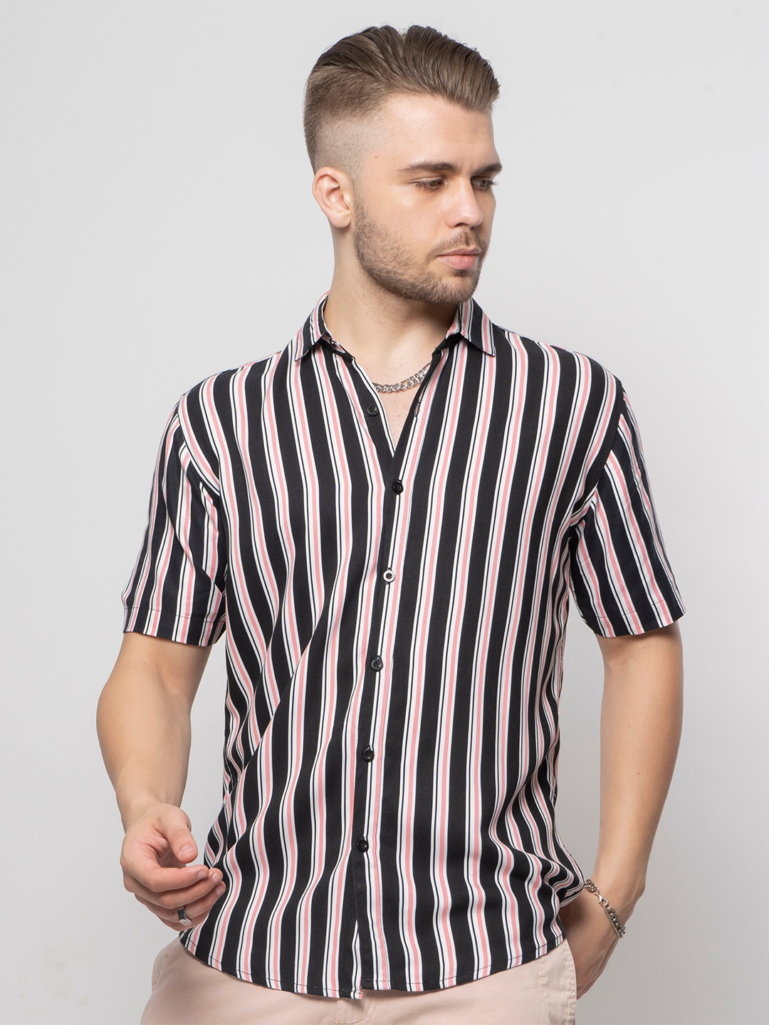 

7Shores Classic Vertical Stripes Spread Collar Short Sleeve Casual Shirt, Black