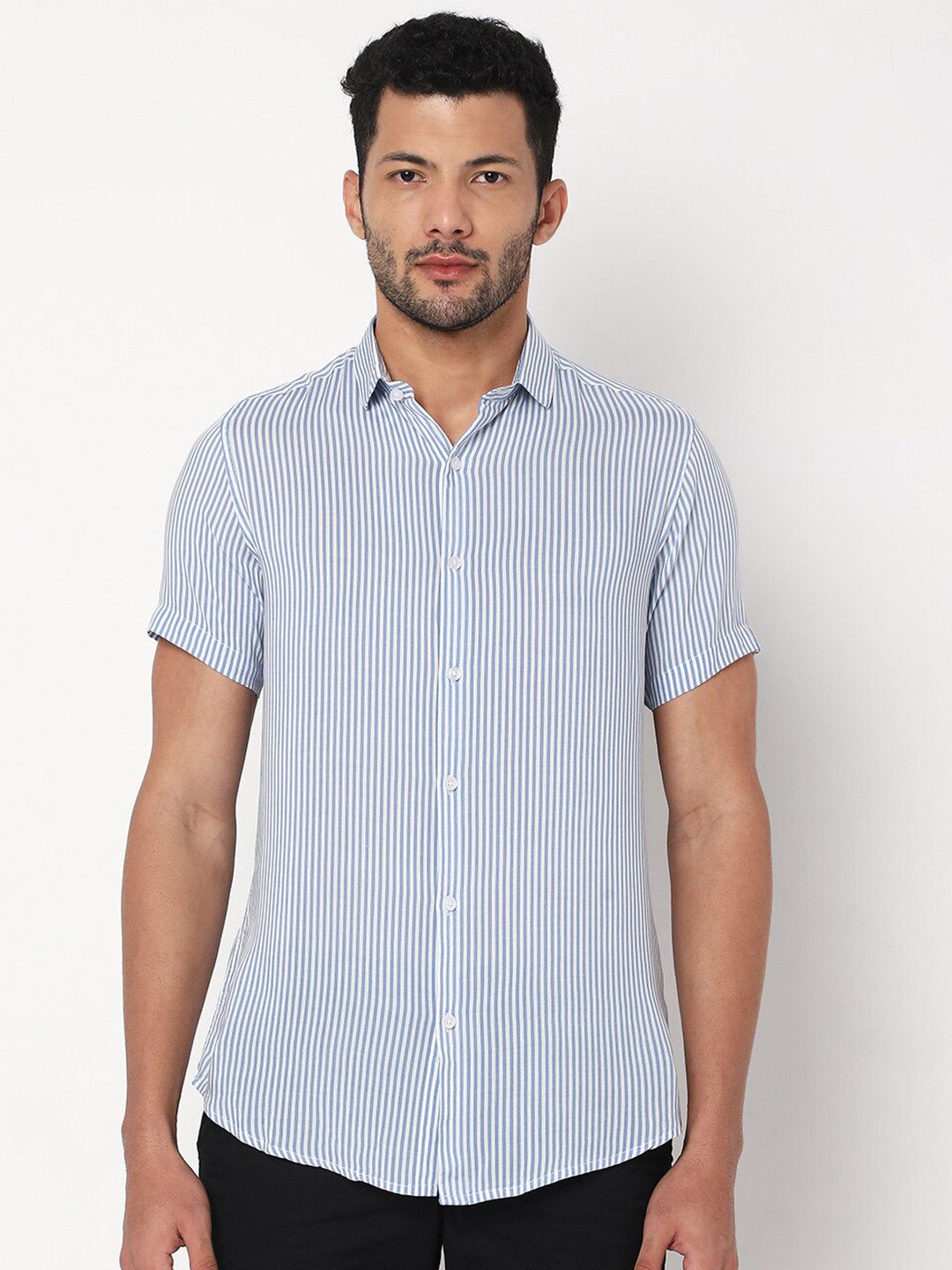 

7Shores Classic Vertical Stripes Spread Collar Short Sleeve Casual Shirt, Blue
