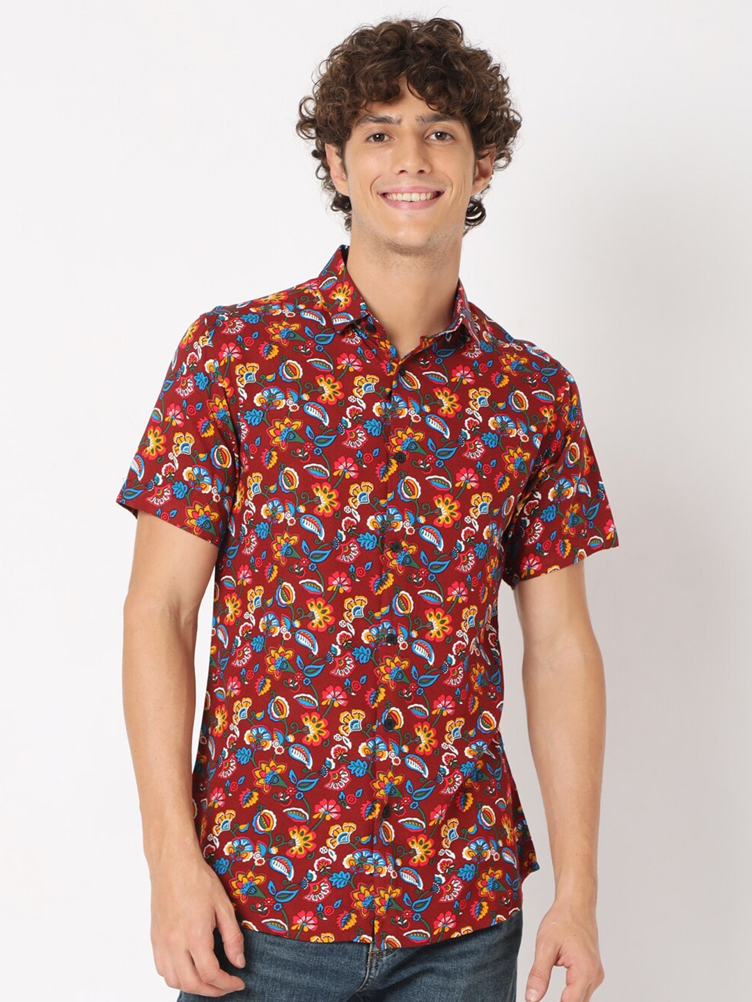 

7Shores Classic Floral Printed Spread Collar Short Sleeve Casual Shirt, Maroon
