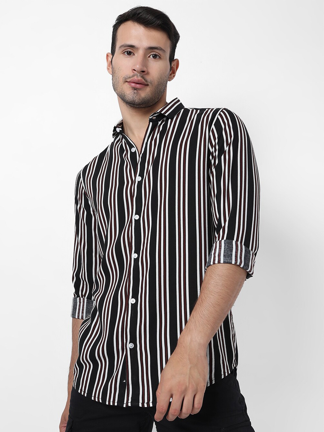 

7Shores Classic Vertical Stripes Spread Collar Long Sleeve Casual Shirt, Black