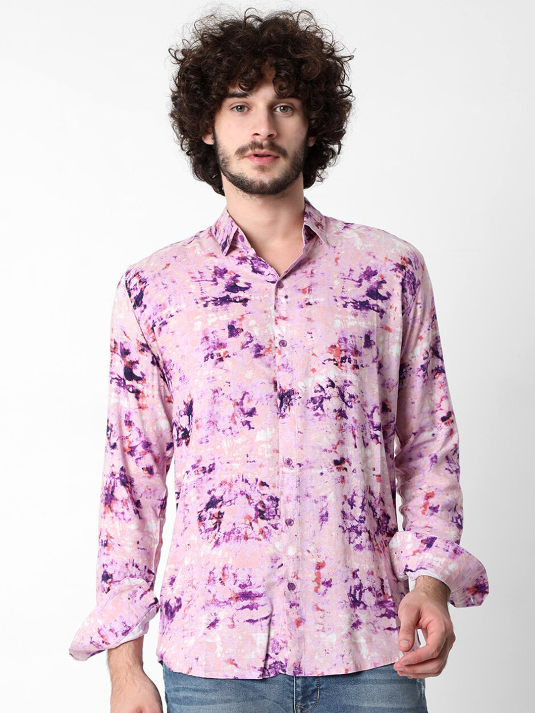 

7Shores Classic Abstract Printed Spread Collar Long Sleeve Casual Shirt, Pink