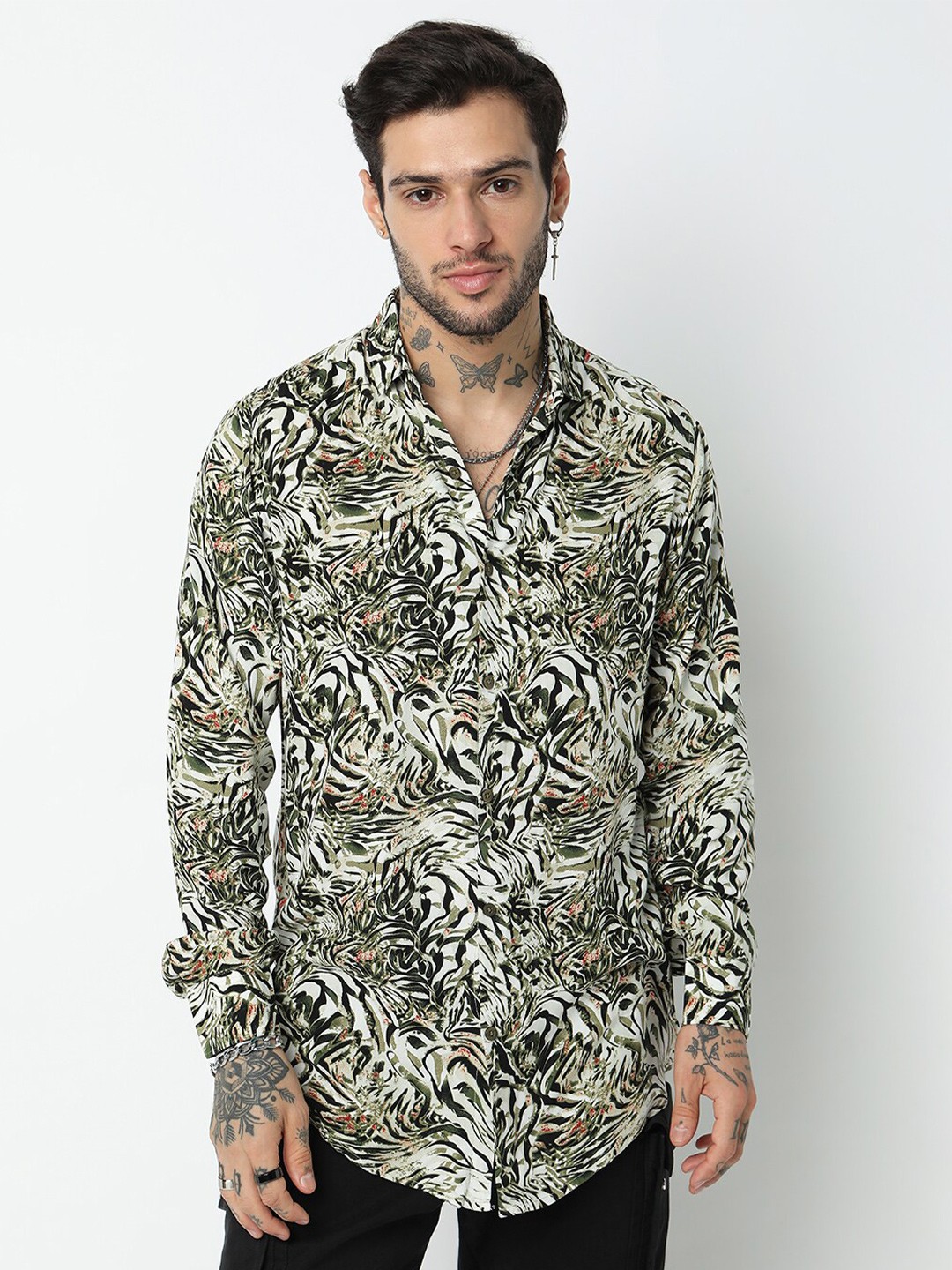 

7Shores Classic Abstract Printed Spread Collar Long Sleeve Casual Shirt, White