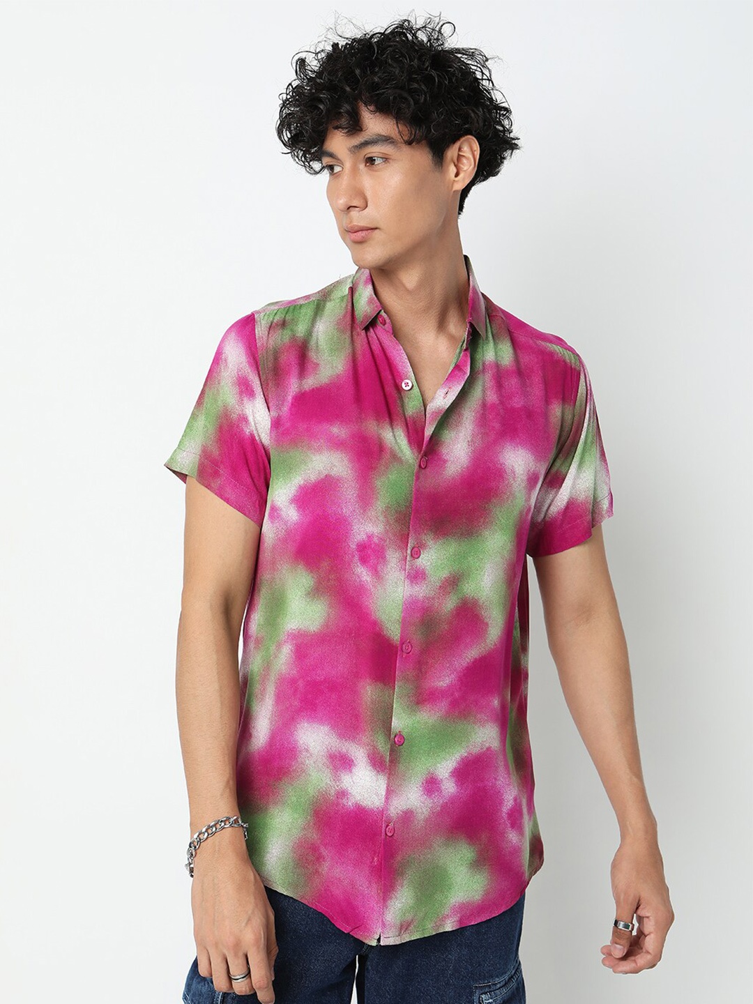 

7Shores Classic Abstract Printed Spread Collar Short Sleeve Casual Shirt, Green