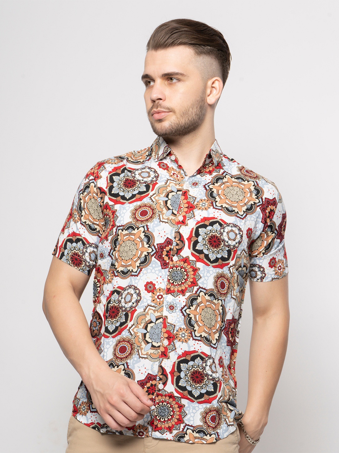 

7Shores Classic Floral Printed Spread Collar Short Sleeve Casual Shirt, White