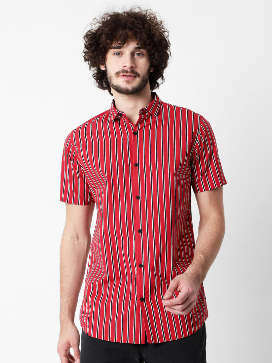 

7Shores Classic Vertical Stripes Spread Collar Short Sleeve Casual Shirt, Red