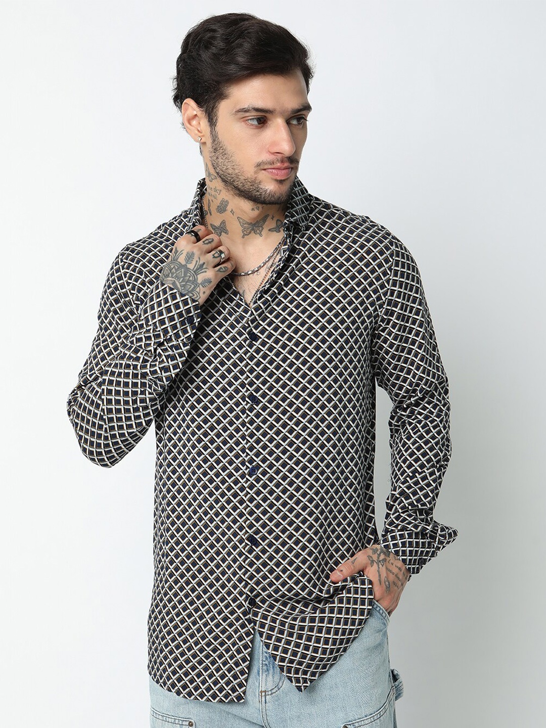 

7Shores Classic Geometric Printed Spread Collar Long Sleeve Casual Shirt, Blue