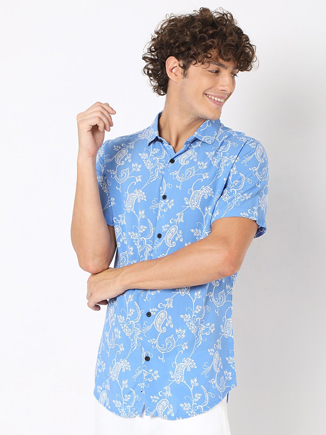 

7Shores Classic Floral Printed Spread Collar Short Sleeve Casual Shirt, Blue
