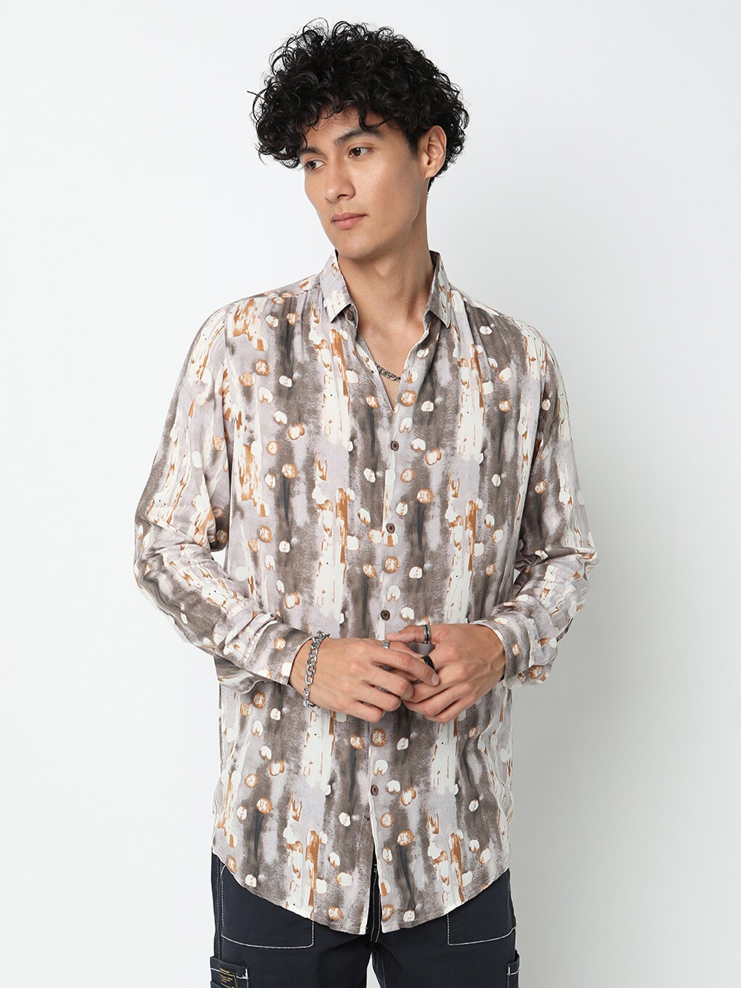 

7Shores Classic Abstract Printed Spread Collar Long Sleeve Casual Shirt, Beige