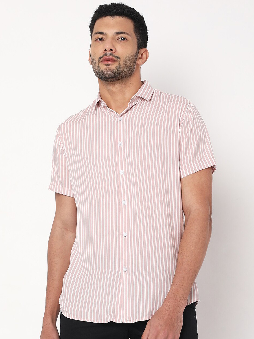 

7Shores Classic Vertical Stripes Spread Collar Short Sleeve Casual Shirt, Pink