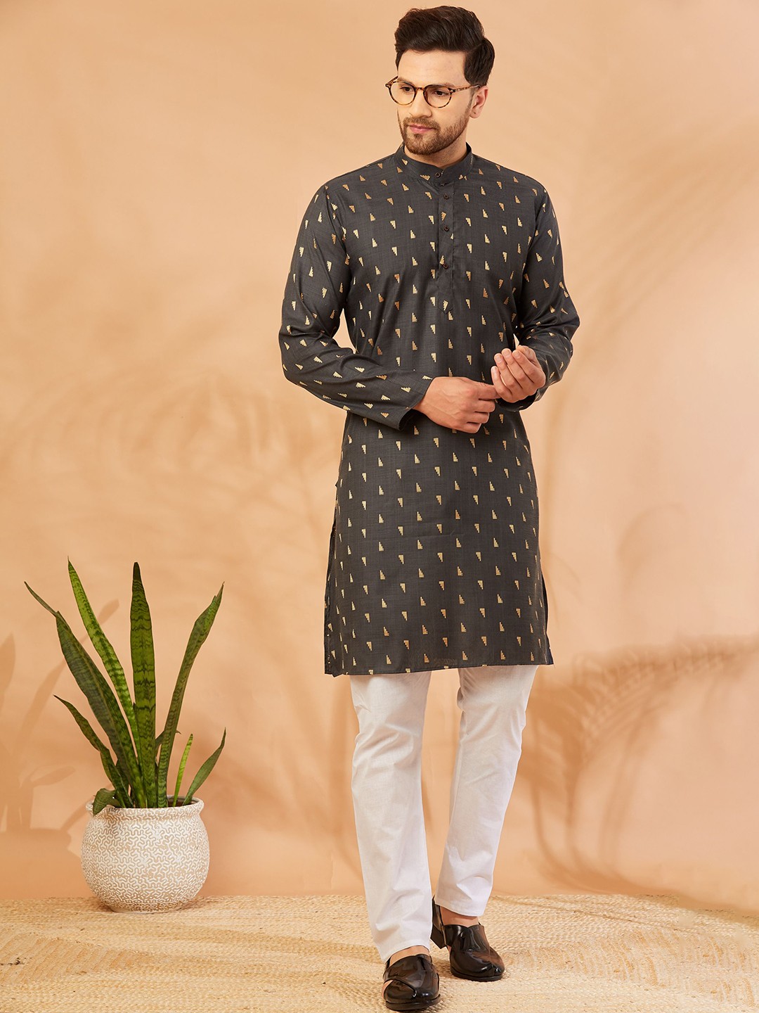 

Armaan Ethnic Woven Design Mandarin Collar Pure Cotton Straight Kurta with Pyjamas, Grey