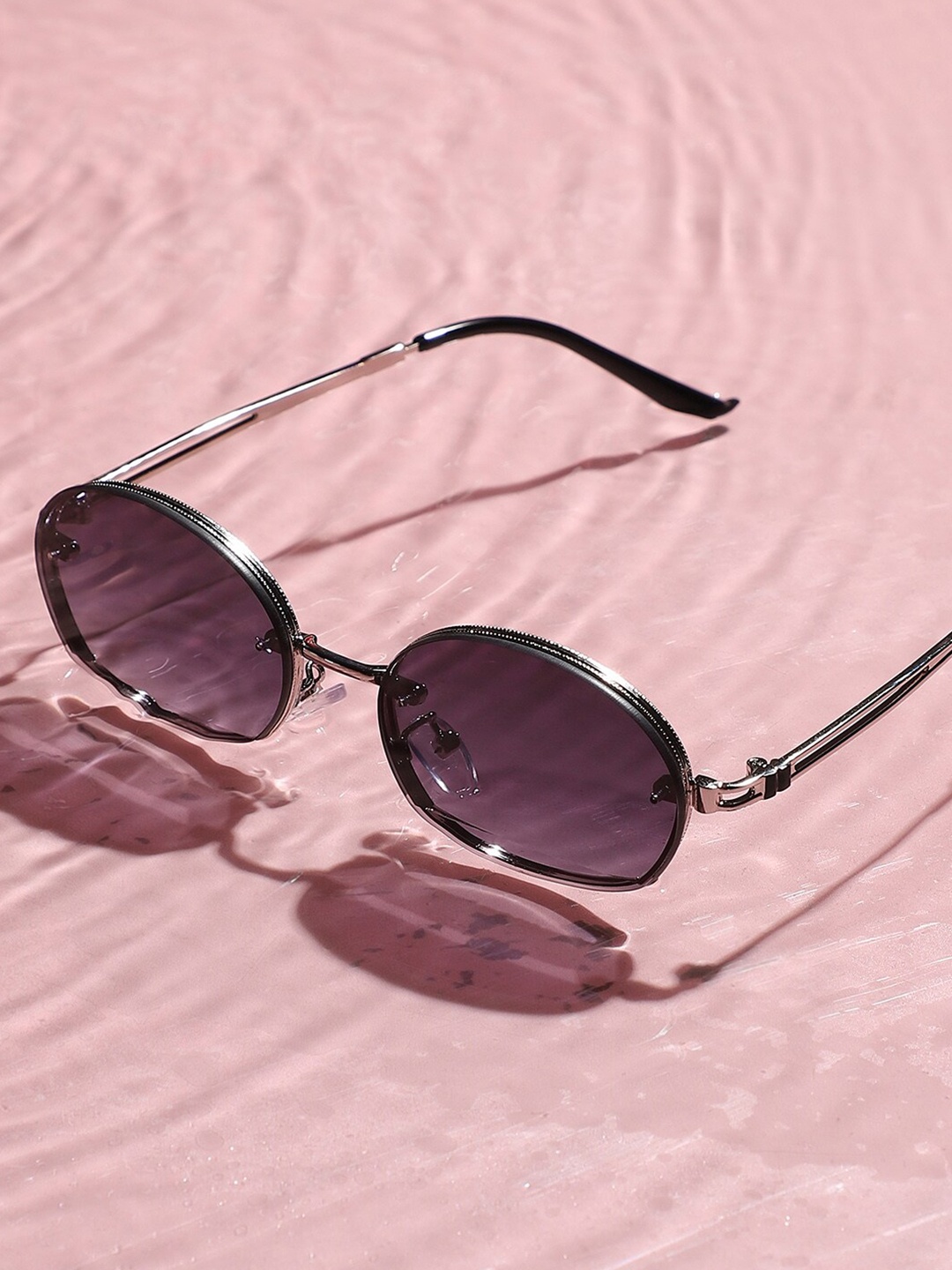 

French Accent Men Purple Lens & Silver-Toned Oval Sunglasses with UV Protected Lens
