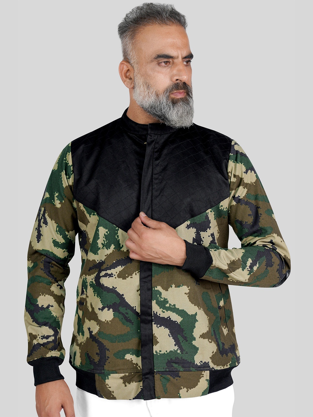 

FRENCH CROWN Camouflage Printed Stand Collar Bomber Jacket, Black