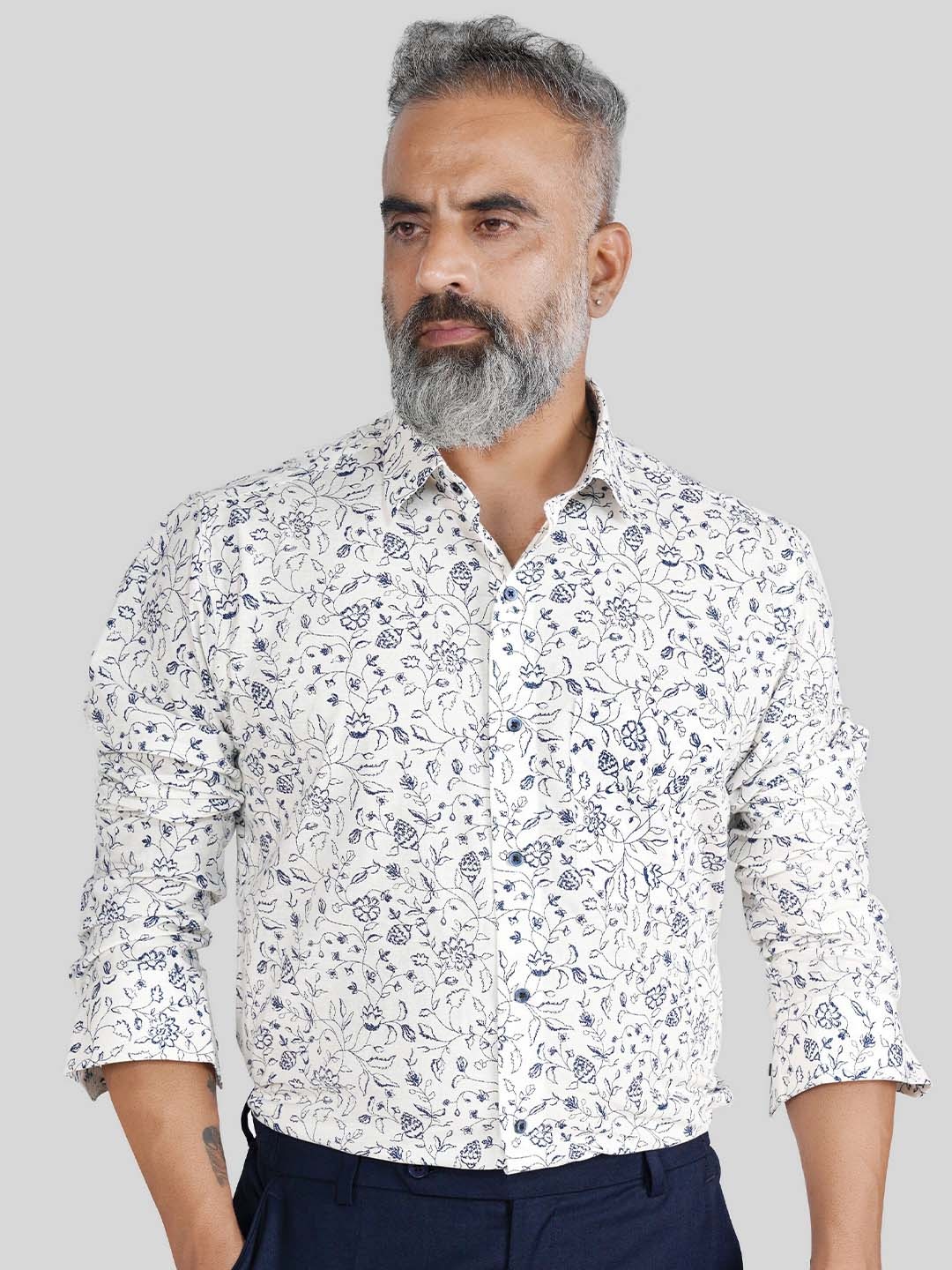 

FRENCH CROWN Standard Floral Printed Standard Linen Casual Shirt, White