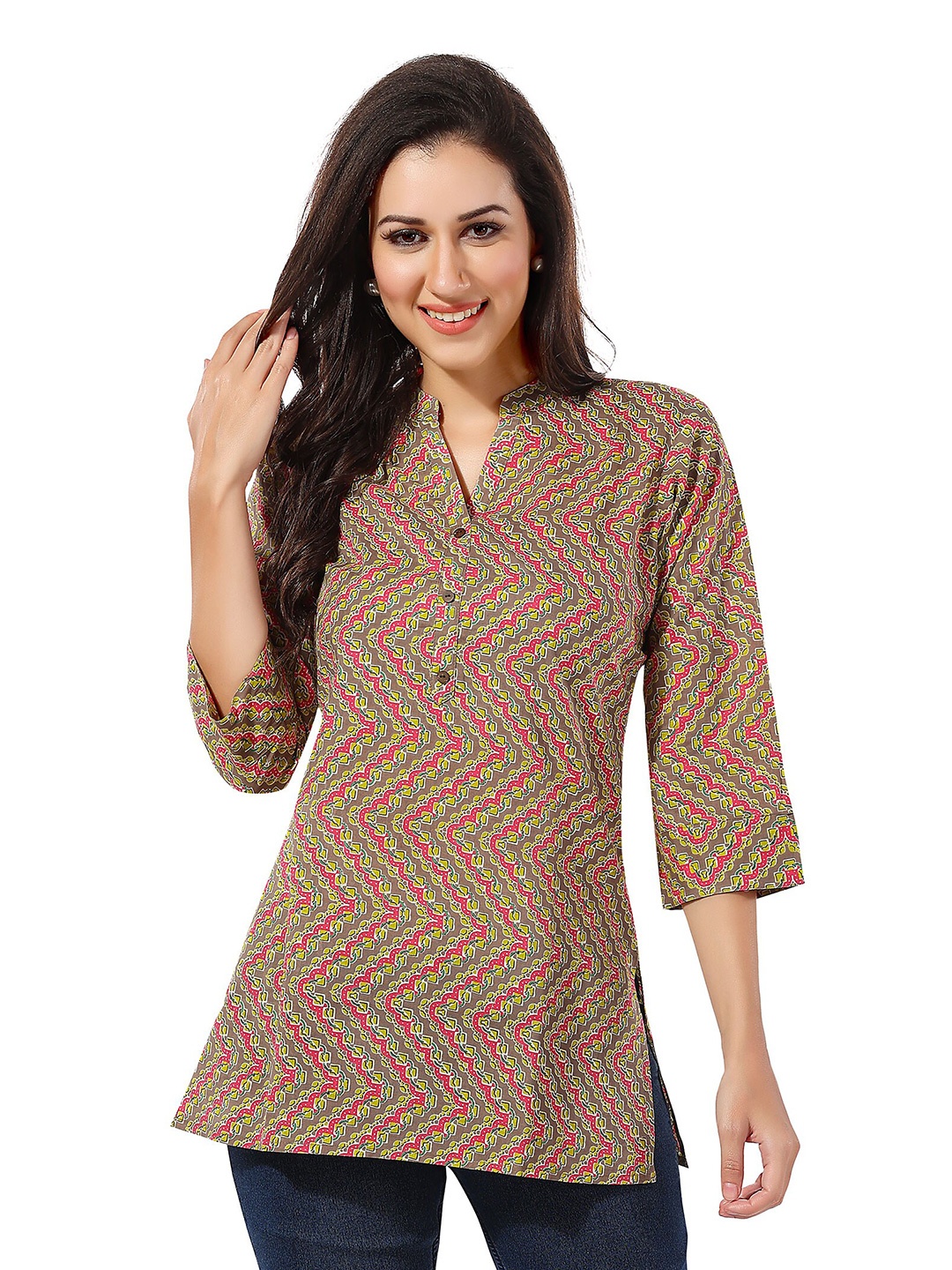 

keshubaba Ethnic Printed Mandarin Collar Cotton Tunic, Brown
