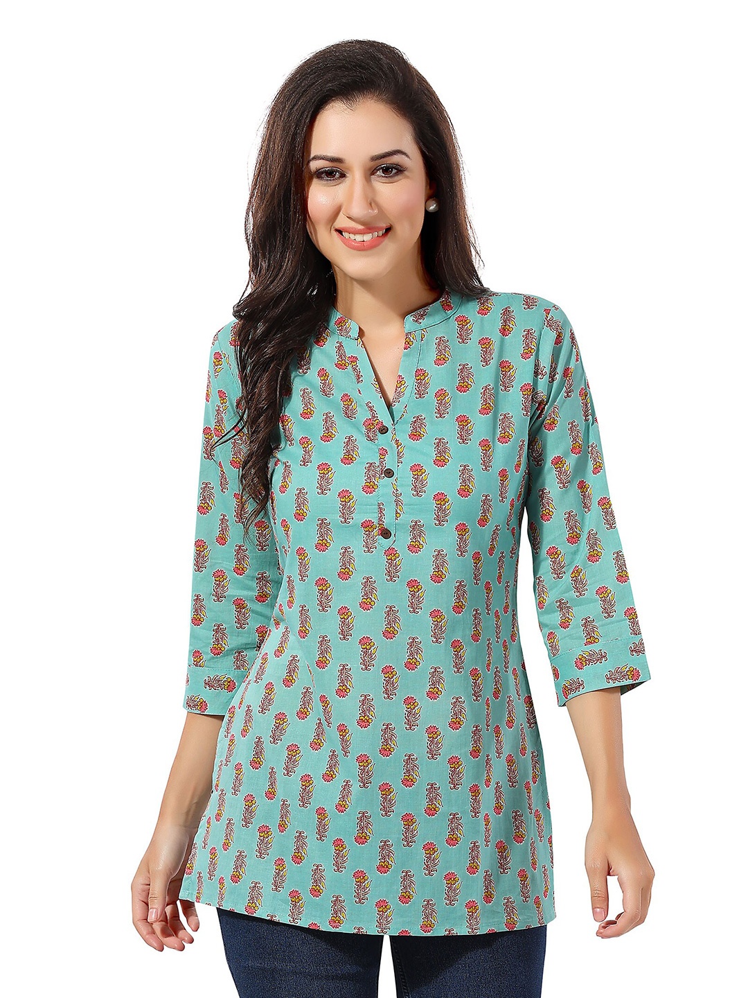 

keshubaba Floral Printed Mandarin Collar Cotton Tunic, Green