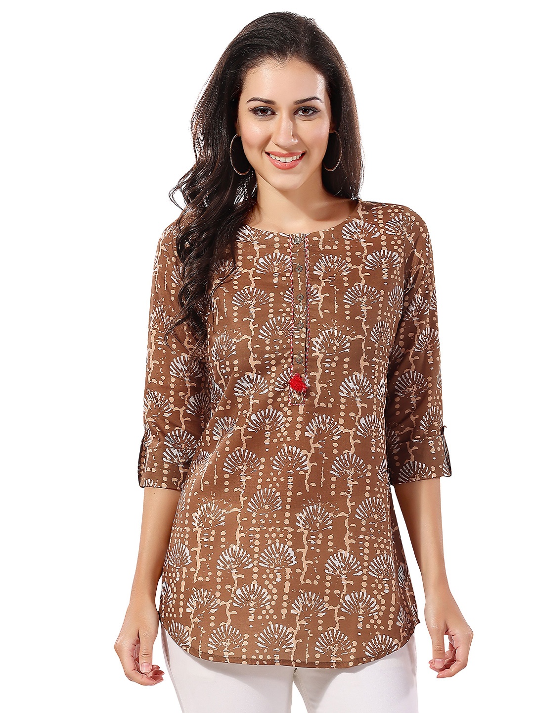 

keshubaba Abstract Printed Round Neck Cotton Tunic, Brown
