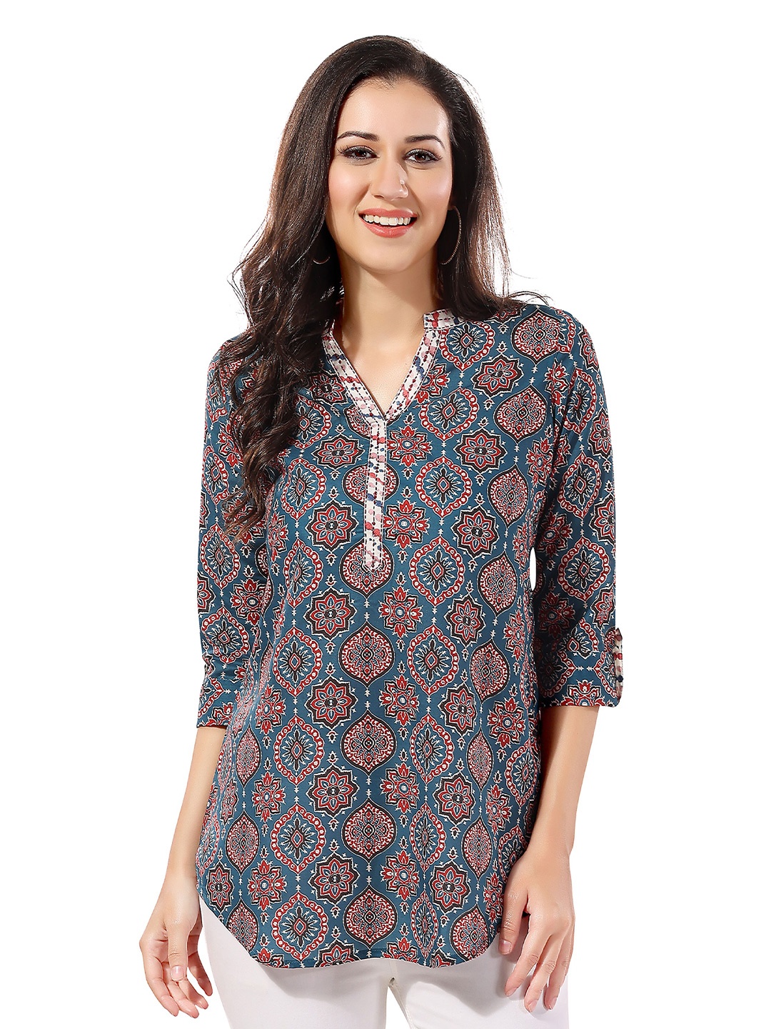 

keshubaba Blue & Red Mandarin Collar Printed Ethnic Tunic