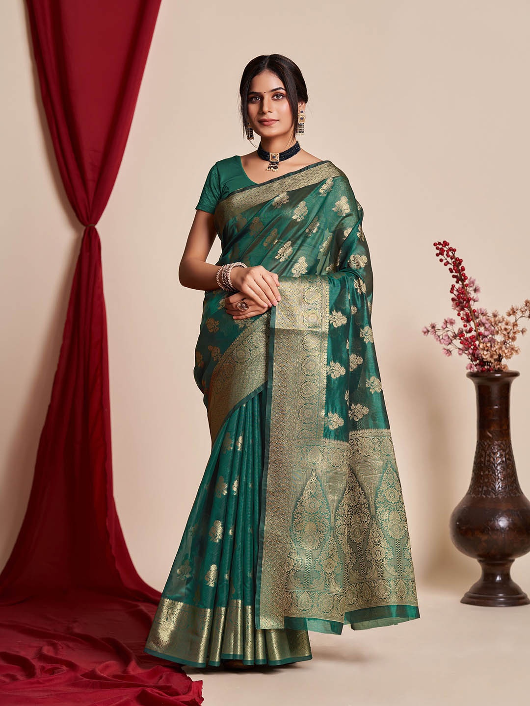 

Mitera Ethnic Motifs Woven Design Zari Banarasi Organza Saree, Green