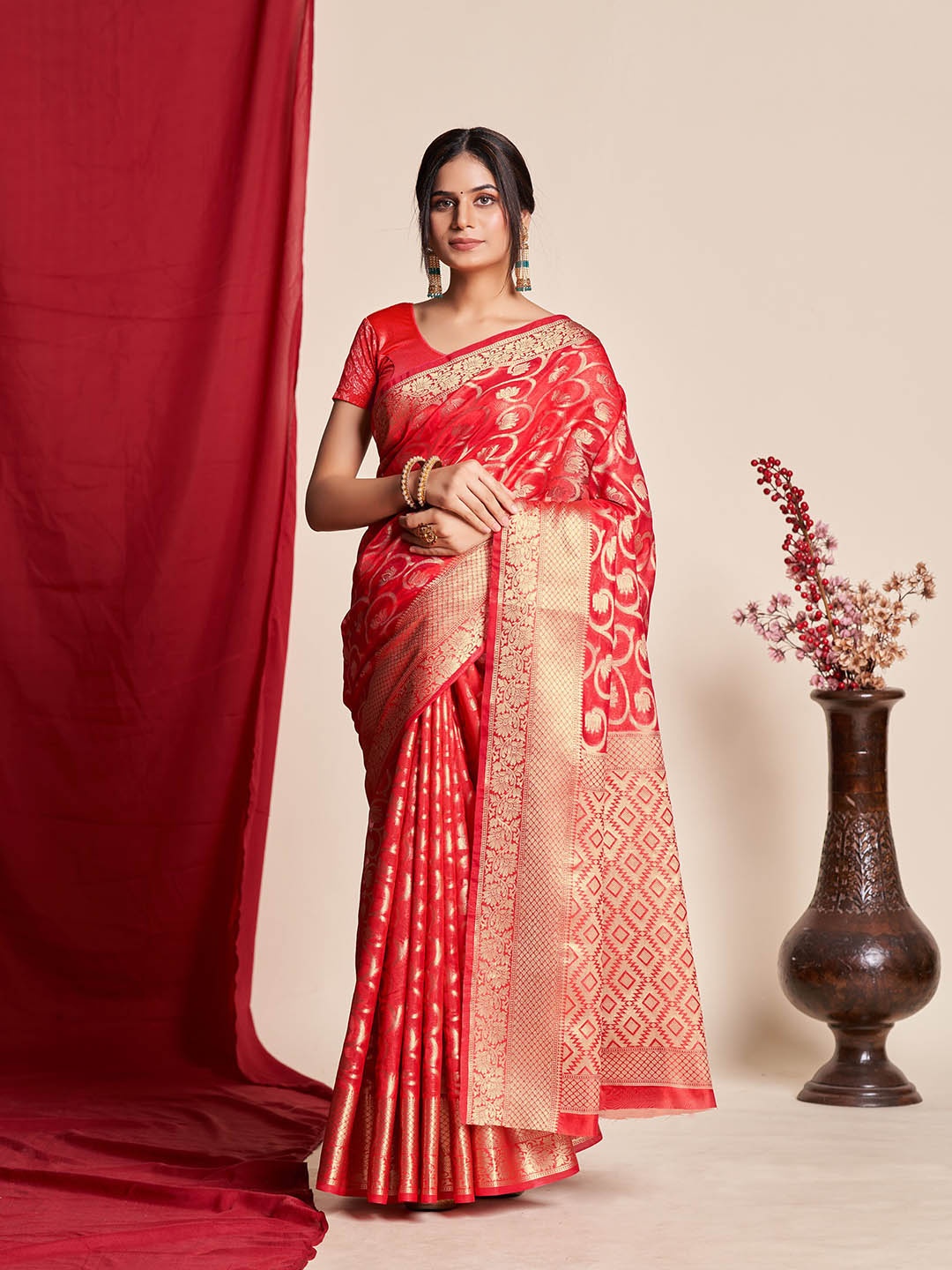 

Mitera Red & Gold-Toned Floral Woven Design Zari Detailed Organza Saree