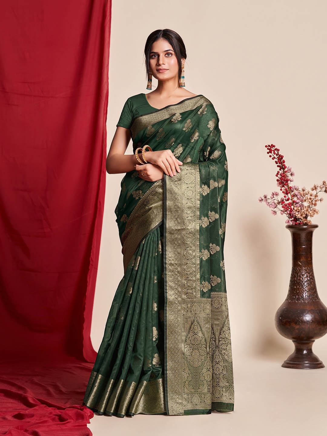 

Mitera Woven Design Zari Banarasi Saree, Green