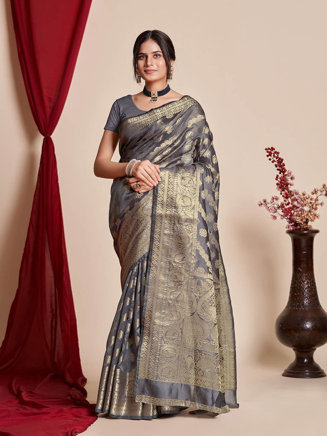 

Mitera Woven Design Zari Banarasi Saree, Grey
