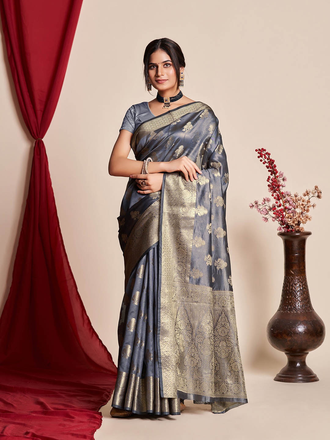 

Mitera Woven Design Zari Organza Banarasi Saree, Grey