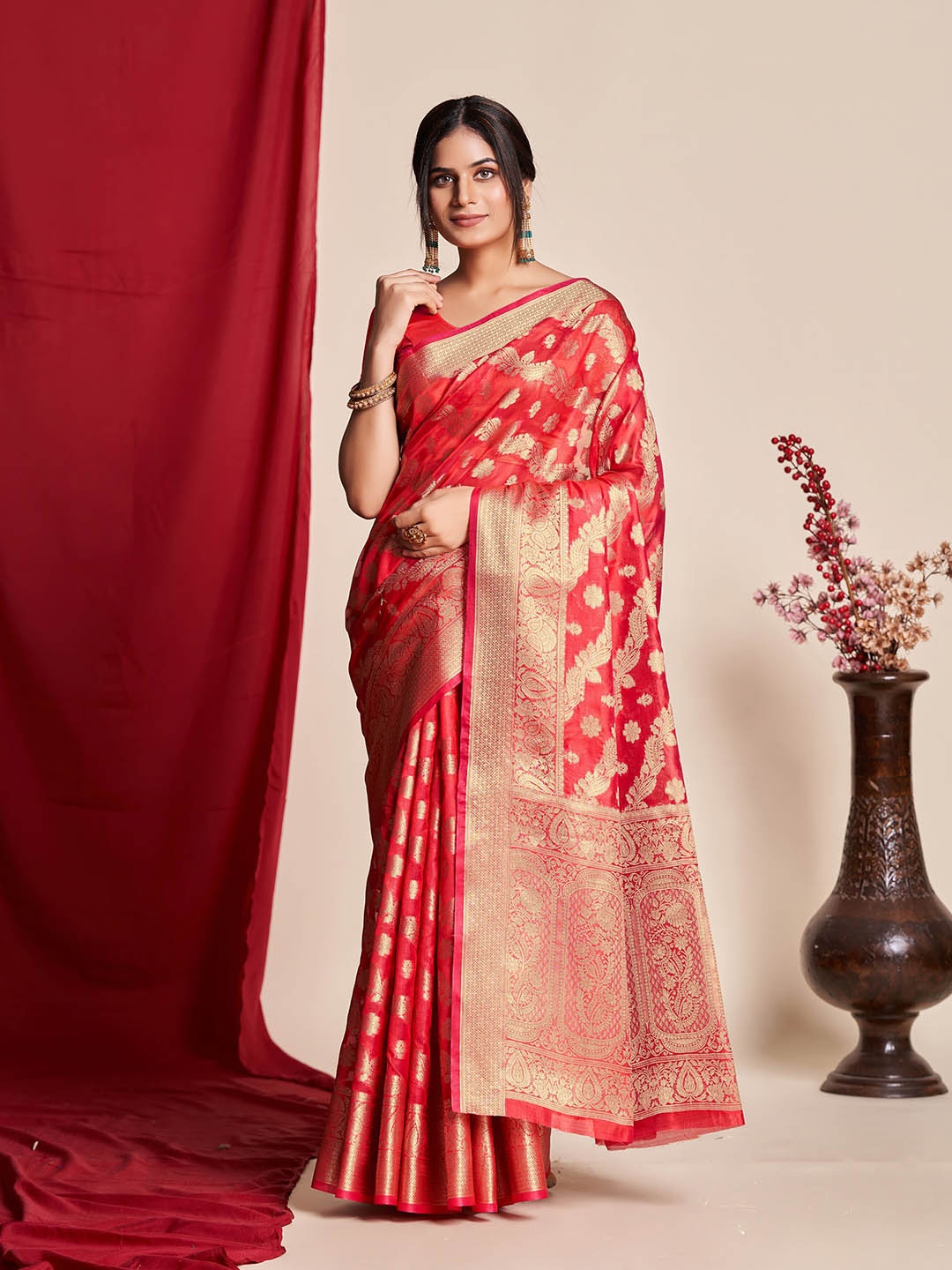 

Mitera Red & Gold-Toned Ethnic Motifs Woven Design Zari Detailed Organza Saree