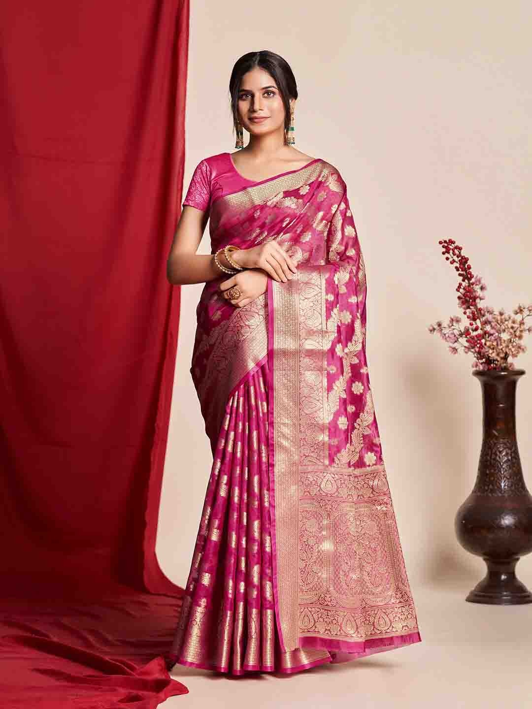 

Mitera Floral Woven Design Zari Saree, Pink