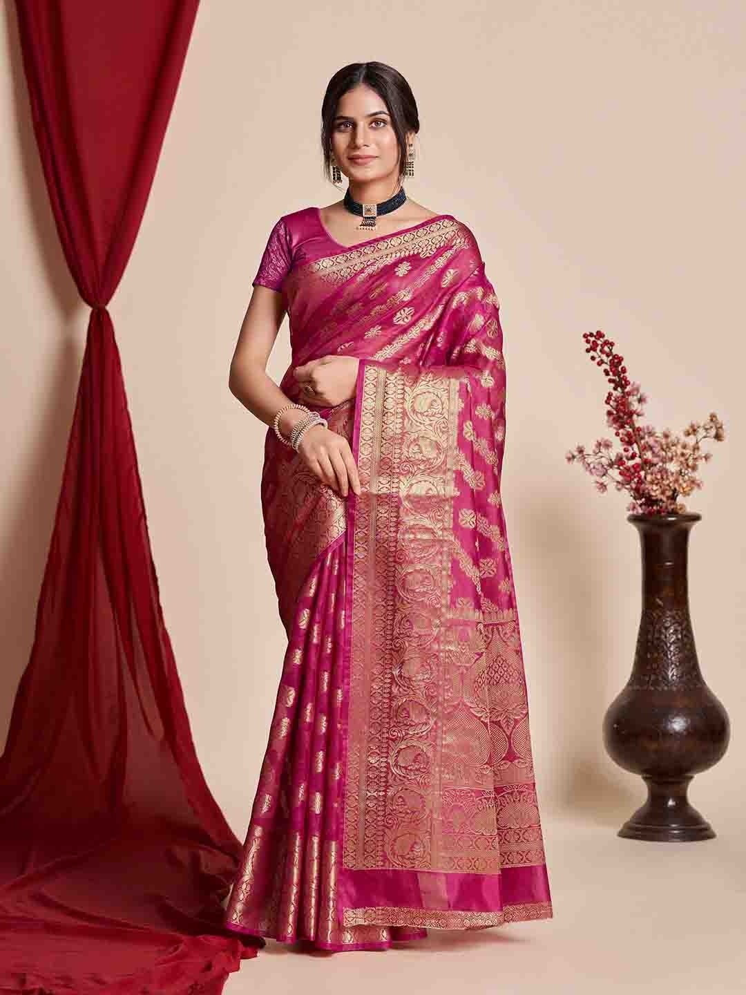

Mitera Floral Woven Design Zari Organza Banarasi Saree, Pink