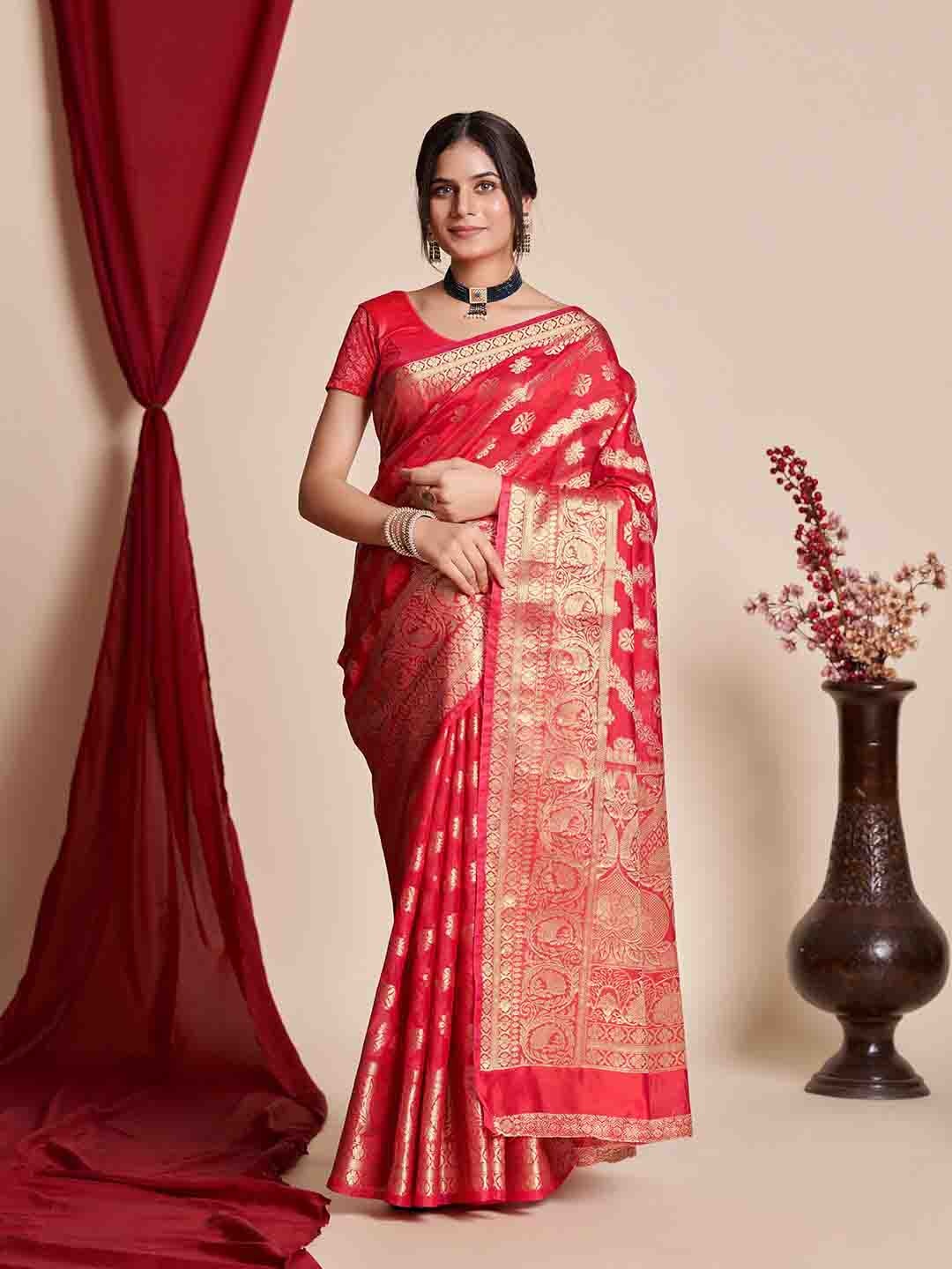 

Mitera Ethnic Motifs Woven Design Zari Organza Banarasi Saree, Red