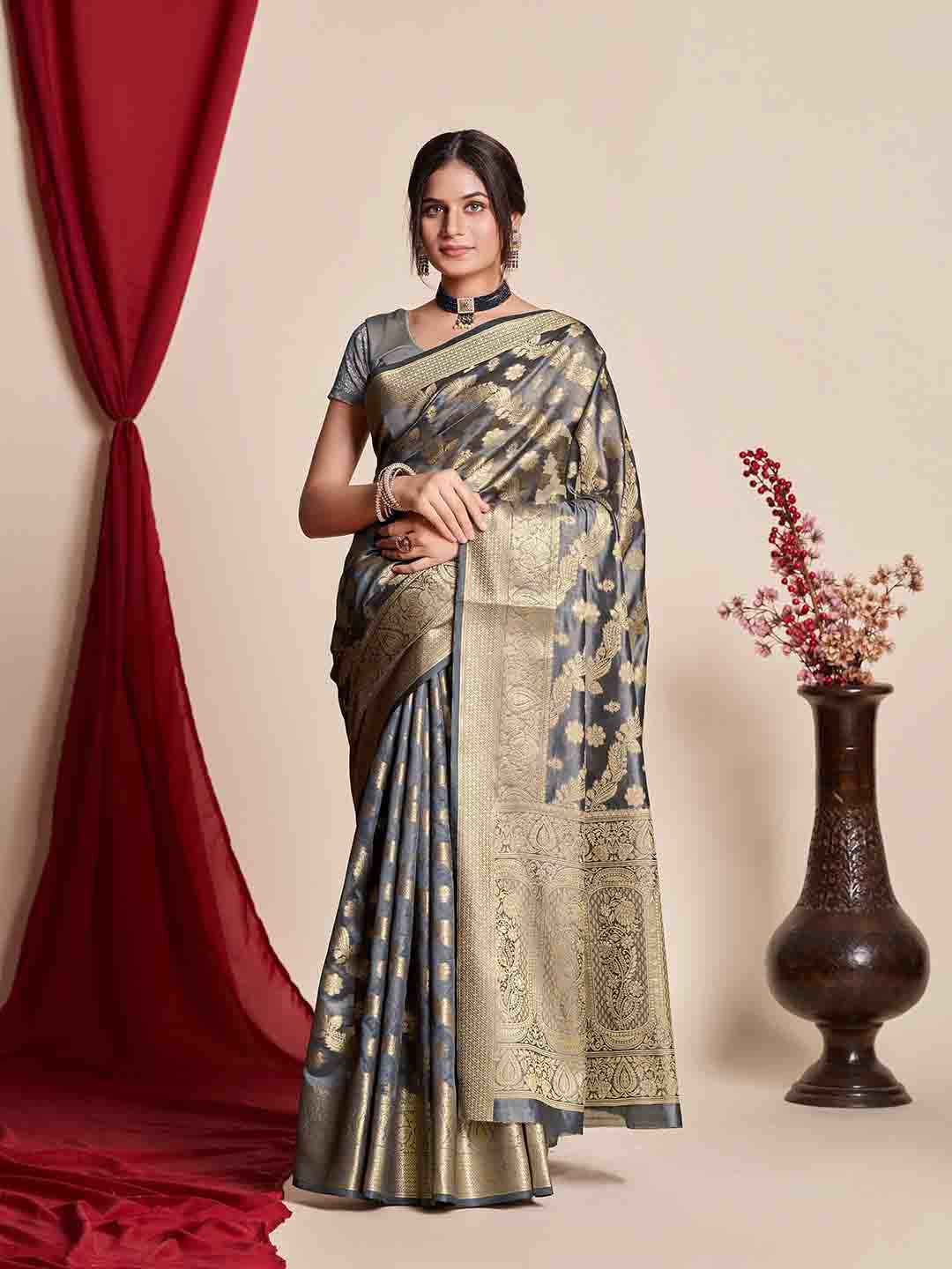 

Mitera Ethnic Motifs Woven Design Zari Banarasi Organza Saree, Grey