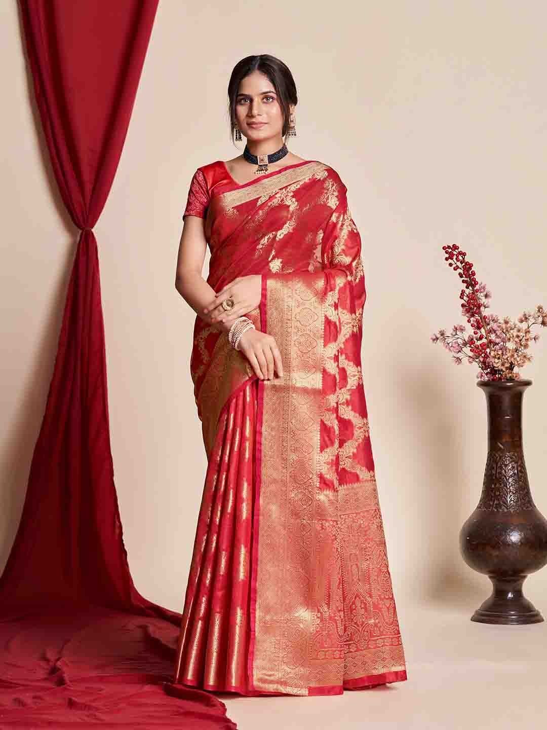 

Mitera Red & Gold-Toned Ethnic Motifs Woven Design Zari Detailed Organza Saree