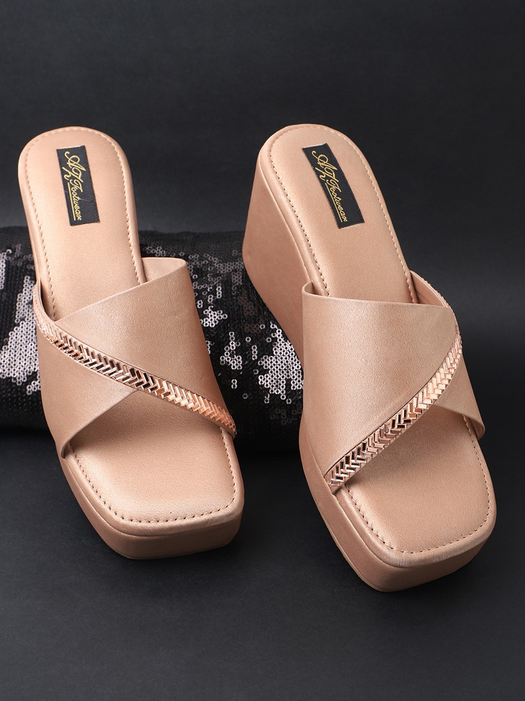 

AZ Footwear Embellished Party Open Toe Wedges, Tan