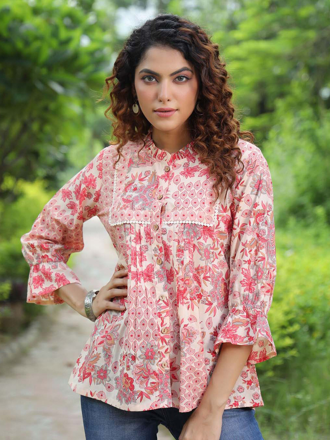 

Rain & Rainbow Floral Printed Mandarin Collar Cotton Top, Peach