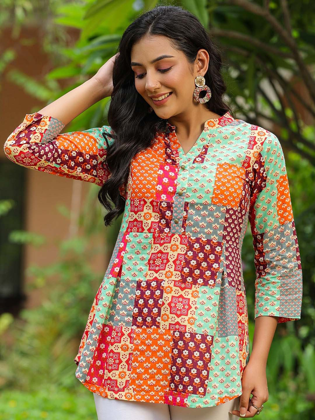 

Rain & Rainbow Ethnic Motifs Printed Mandarin Collar Cotton Top, Orange