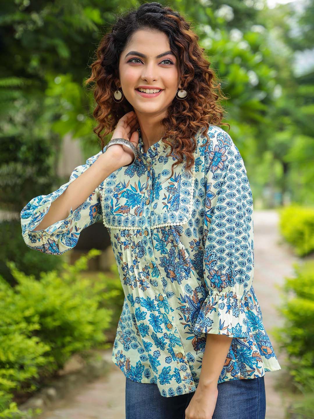 

Rain & Rainbow Ethnic Motifs Printed Cotton Top, Blue