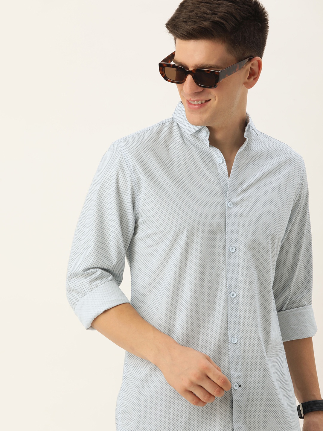 

Mast & Harbour Men Classic Slim Fit Opaque Printed Casual Shirt, Blue