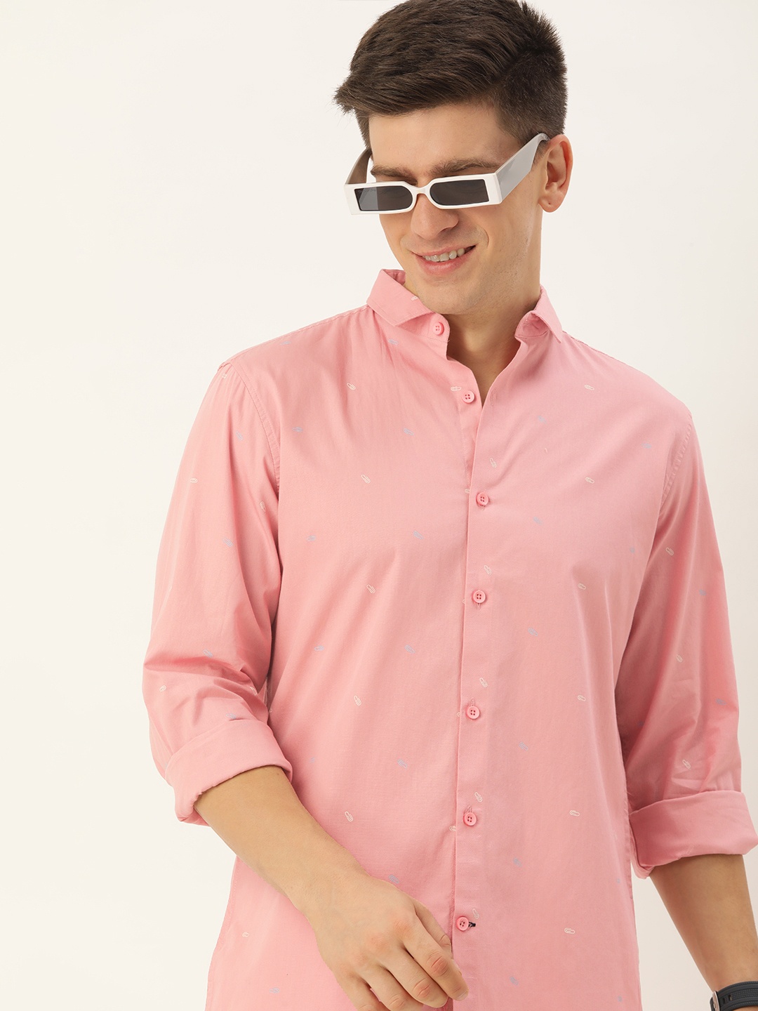 

Mast & Harbour Men Classic Slim Fit Opaque Printed Casual Shirt, Pink