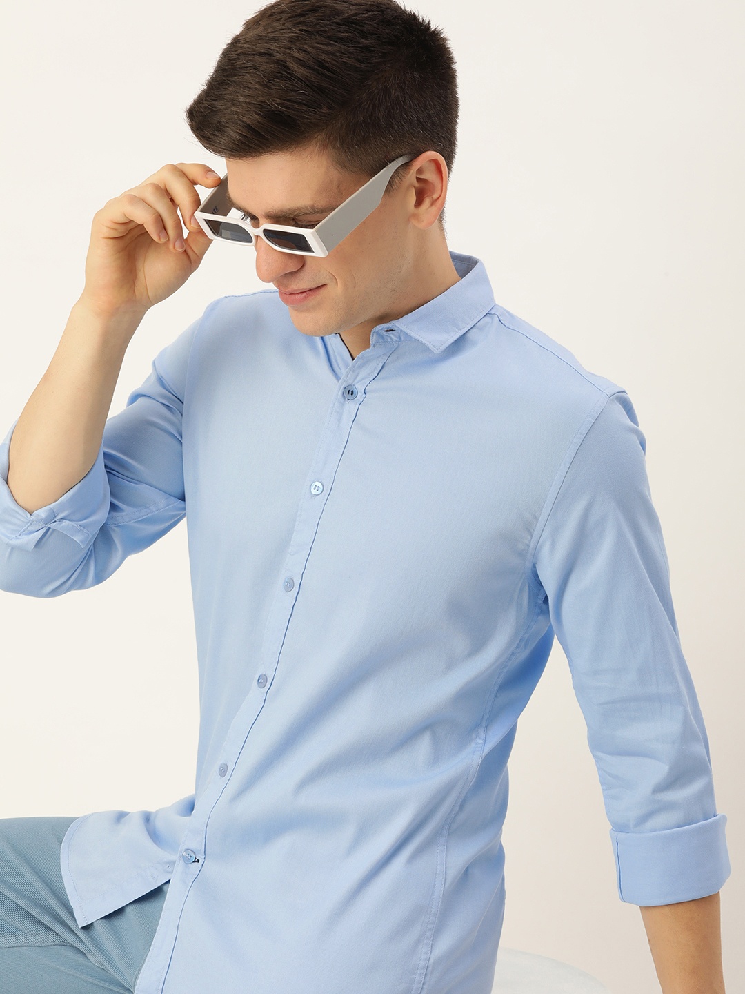 

Mast & Harbour Men Classic Slim Fit Opaque Casual Shirt, Blue